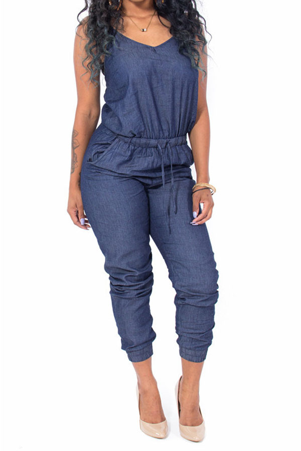 

LovelyFashion Spaghetti Strap Sleeveless Drawstring Blue Denim One-piece Jumpsuits