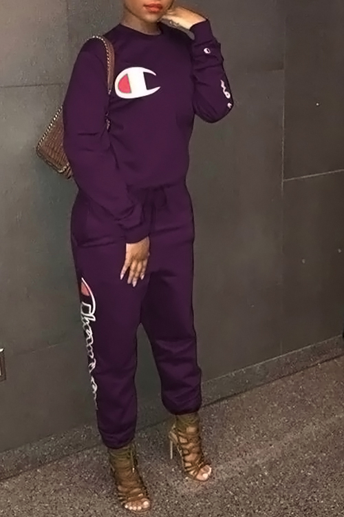 

LovelyLeisure Round Neck Letters Printed Deep Purple Cotton Blends One-piece Jumpsuits
