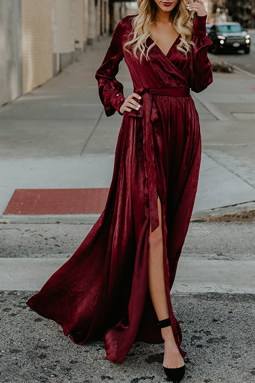

Lovely Fashion V Neck Lantern Sleeves Side Slit Wine Red Satin Maxi Dress(With Belt