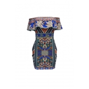 Lovely Vintage Bateau Neck Falbala Design Printed 