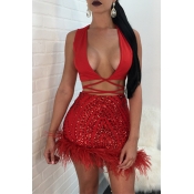 Lovely Sexy V Neck Sequins And Fur Decoration Red 