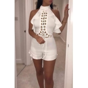 Lovely Trendy Halter Neck Lace-up Ruffle Design Wh