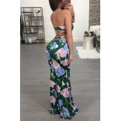 Lovely Sexy Bateau Neck Backless Printed Green Mil