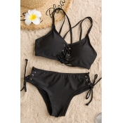 Lovely Sexy Lace-up Black Polyester Two-piece Swim