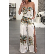 Lovely Sexy Strapless Side Slit Printed White Poly