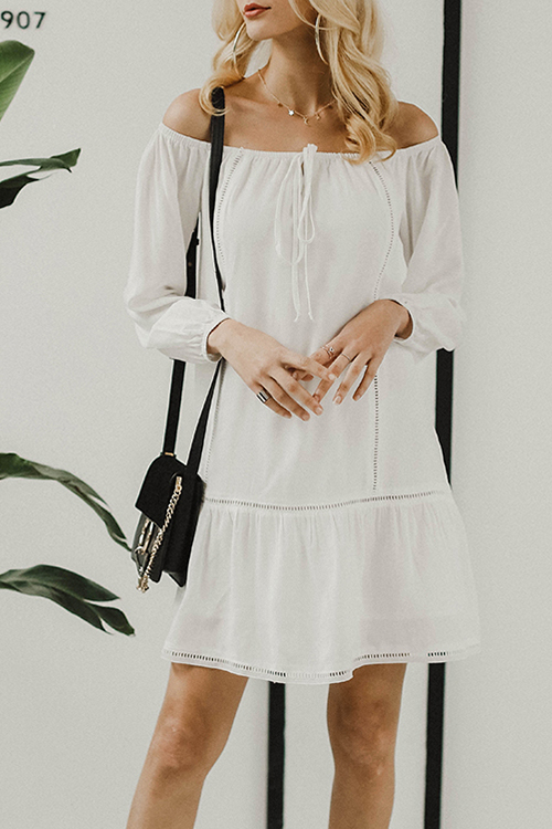 

Lovely Fashion Bateau Neck Falbala Design White Cotton Blend Mini Dress