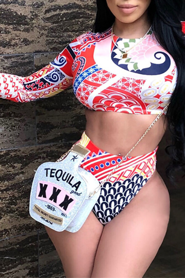 

Lovely Fashion Round Neck Long Sleeves Printing Red Two-piece Swimwear