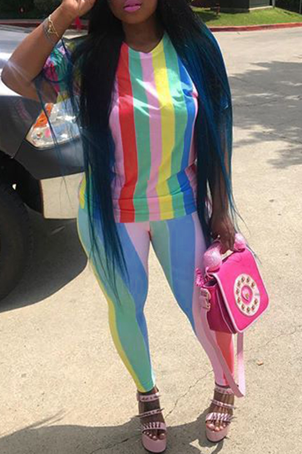 Lovely Casual Round Neck Color Striped Printed Polyester Two-Piece Pants Set - sexyroundneckhollow