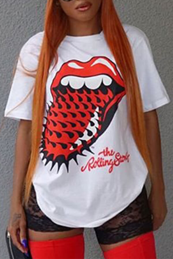 

Lovely Leisure Round Neck Short Sleeves Printed White Cotton T-shirt