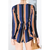 Lovely Sexy V Neck Bow Striped Blue Polyester One-