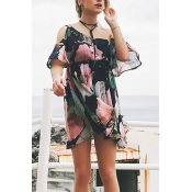 Lovely Casual Dew Shoulder Flounce Floral Printed 