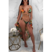 Lovely Sexy Lace-up Floral Printed Green Polyester