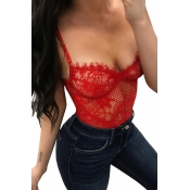Lovely Sexy Backless Embroidered Red Lace Teddies