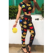 Lovely Casual Round Neck Cartoon Printed Black Pol