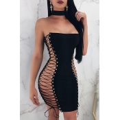 Lovely Sexy Bateau Neck Lace-up Hollow-out Black P