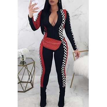 Lovely Chic Mandarin Collar Plaid Printed Black Polyester One-piece Jumpsuits