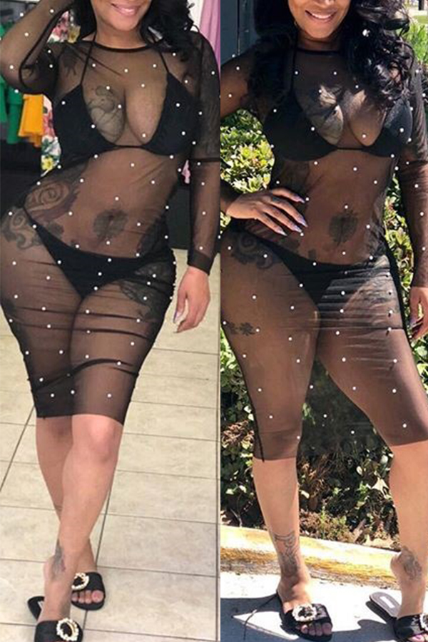 

Lovely Chic Round Neck See-Through Nailed Pearl Black Gauze Knee Length Dress(Without Subcoating)