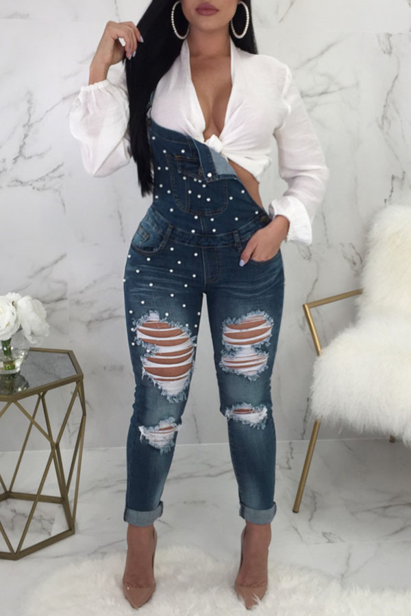 

Lovely Fashion Broken Holes Nailed Pearl Deep Blue Denim One-piece Jumpsuits