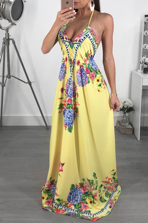 

Lovely Bohemian V Neck Floral Printed Yellow Milk Fiber Floor Length Dress