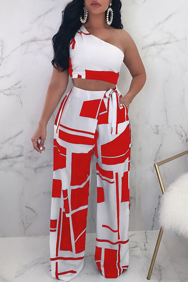 

Lovely Chic Show A Shoulder Geometric Printed Red Qmilch Two-piece Pants Set
