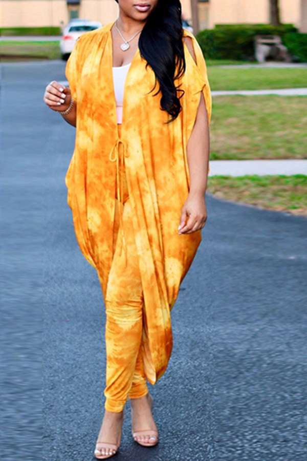 

Lovely Sexy V Neck Batwing Sleeves Printing Yellow Qmilch Two-Piece Pants Set(Without Subcoating)