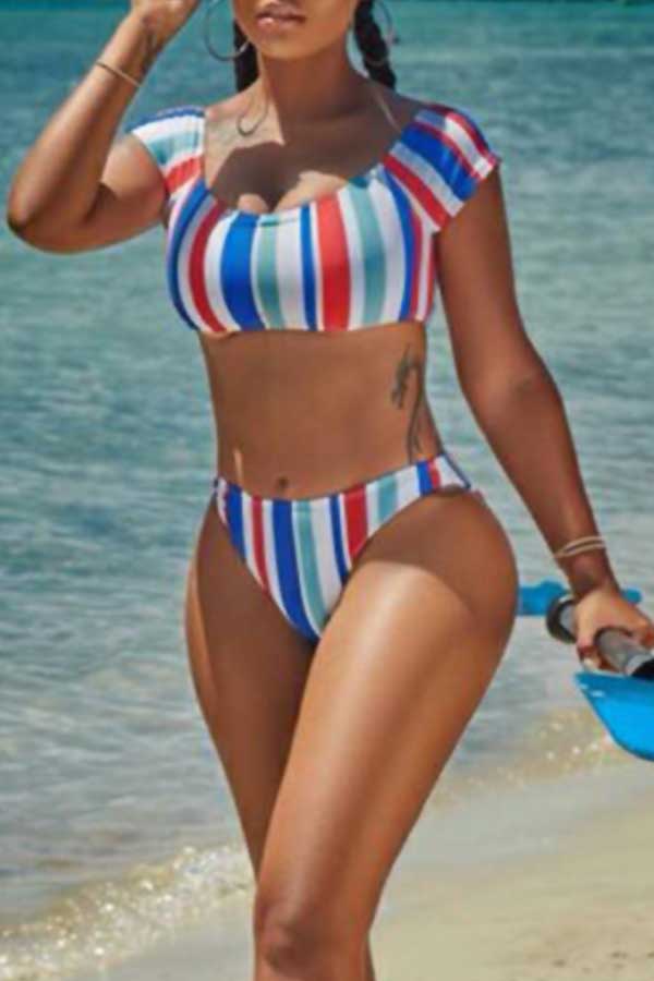 

Lovely Casual U Neck Striped Printed Polyester Two-piece Swimwears