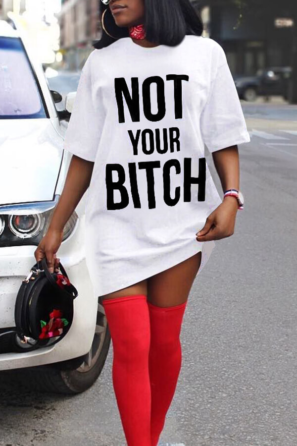 

LW Casual Round Neck Letters Printed White Cotton Blend Mini Dress