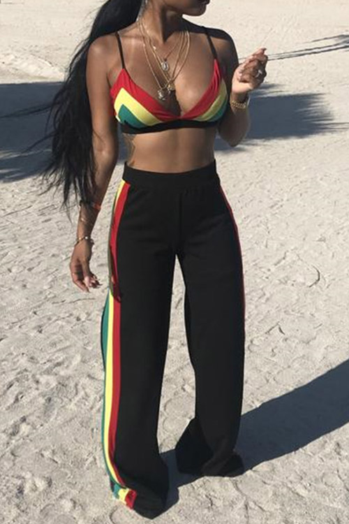 

Lovely Black Polyester Pants Striped V Neck Sleeveless Fashion Two Pieces
