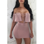 Lovely Trendy Bateau Neck Lace-up Pinkish Purple T