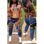 Lovely Casual Round Neck Broken Holes Cartoon Char