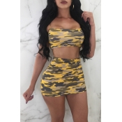 Lovely Sexy Bateau Neck Camouflage Printed Yellow 