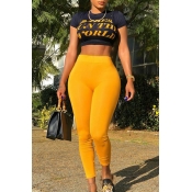 LovelyCasual Round Neck Letters Printed Yellow Ble