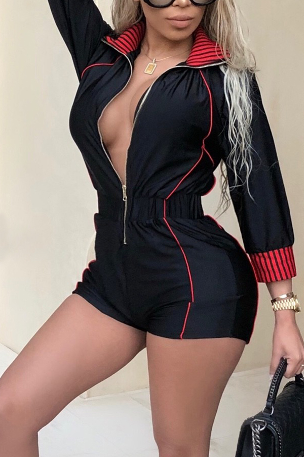 

LovelyEuramerican Turndown Collar Patchwork Black Cotton Blends One-piece Short Jumpsuits
