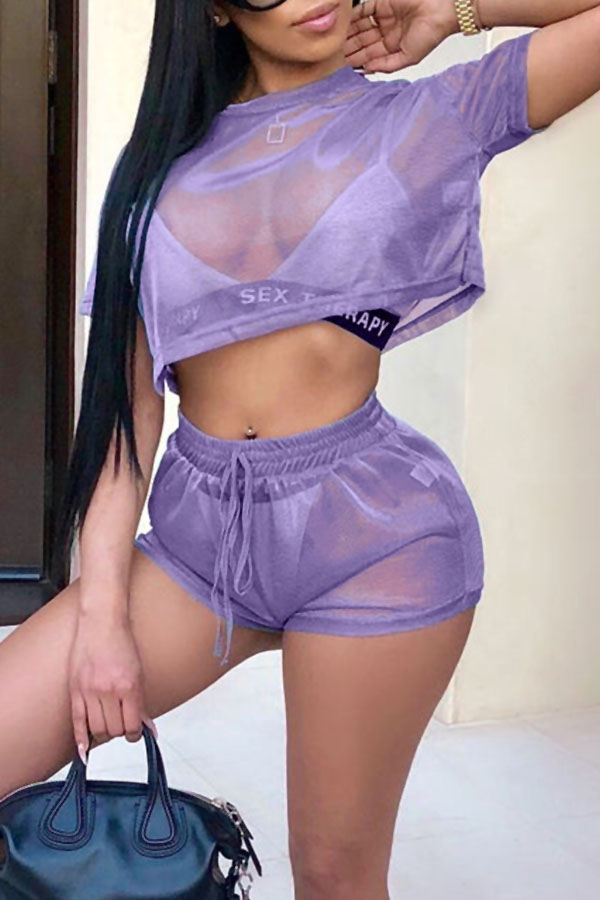 

LovelyCasual Round Neck See-Through Purple Polyester Two-piece Shorts Set(Without Subcoating)