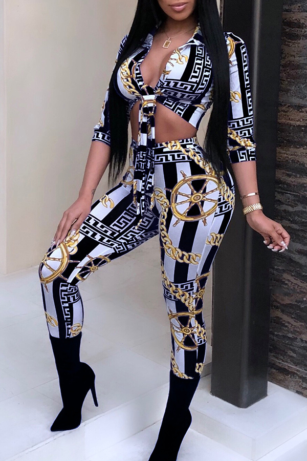 

Lovely Leisure Turndown Collar Printed Black Twilled Satin Two-piece Pants Set
