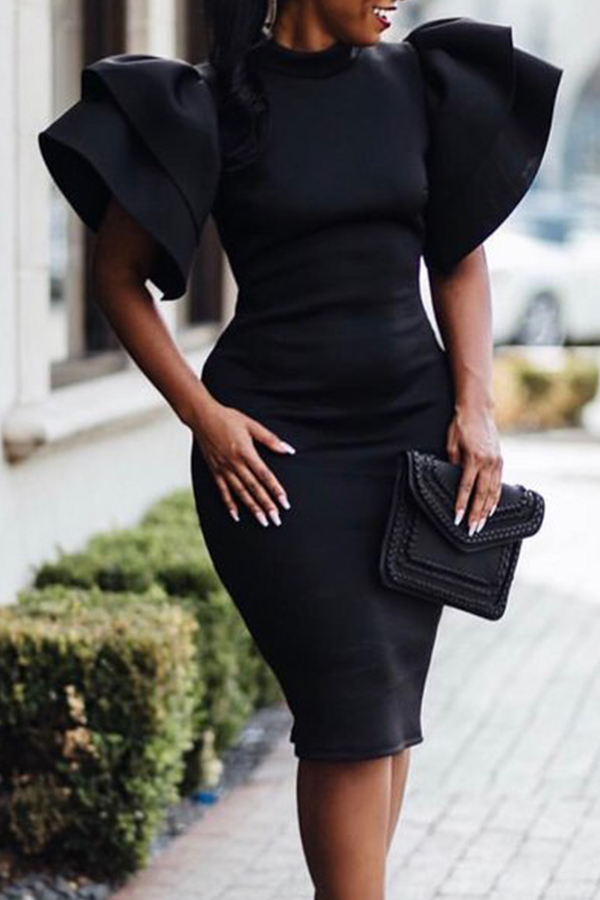 

Lovely Trendy Turtleneck Flared Sleeves Black Cotton Blend Knee Length Dress