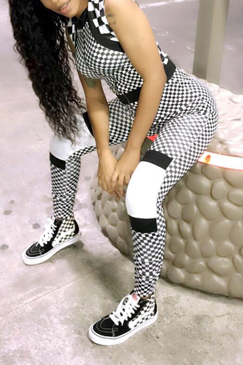 

Lovely Chic Round Neck Plaid Printed Black Qmilch One-piece Jumpsuits