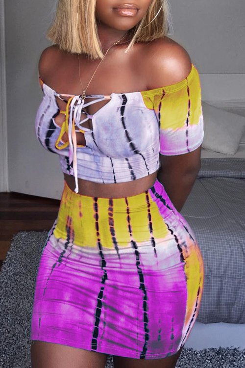 

Lovely Sexy Printed Hollow-out Purple Twilled Satin Two-piece Skirt Set