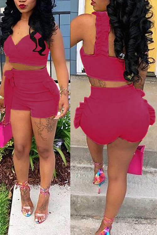 

LovelyCharming Falbala Design Rose Red Cotton Blends Two-piece Short Set