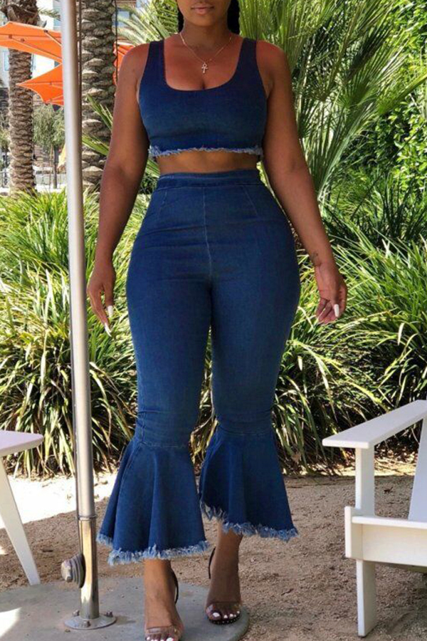 

LovelyCasual U Neck Dark Blue Cotton Two-piece Pants Set