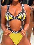 LW Casual Letter Printed Yellow Polyester Two-piece Swimwears