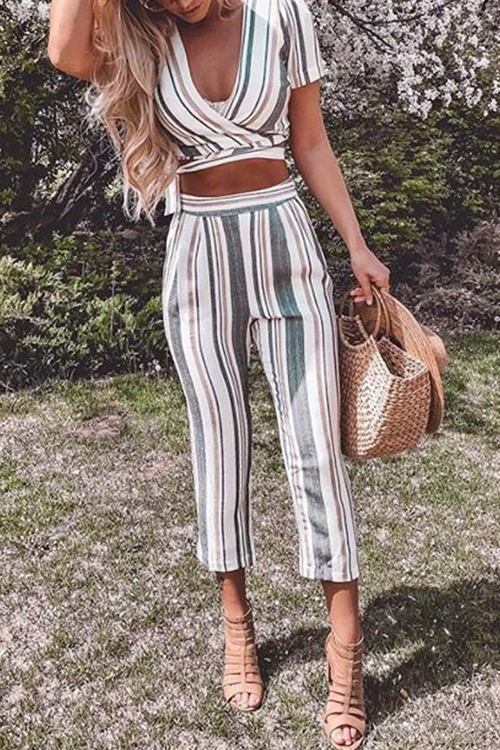 

Lovely Casual V Neck Striped Blending Two-piece Pants Set