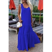 Lovely Fashion U neck Tiered Ruffle Blue Blending 