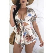 Lovely Casual V Neck Floral Printed White Cotton B