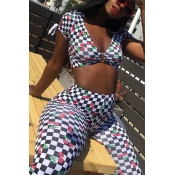 Lovely Sexy Grid Printed Black Polyester Two-piece
