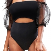 Lovely Pretty Bateau Neck Patchwork Black Polyeste