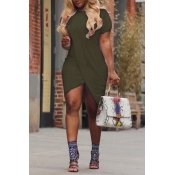 Lovely Casual Round Neck Irregular Army Green Poly