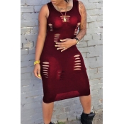 Lovely Casual Round Neck Broken Holes Black Polyes