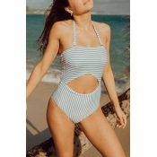 Lovely Chic Bandage Blue Stripe Polyester One-piec