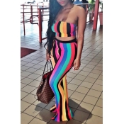 Lovely Sexy Bateau Neck Colorful Striped Polyester